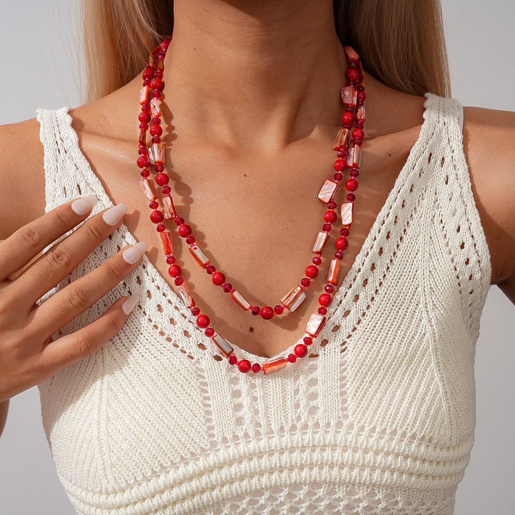 Shell Crystal Geometric Beaded Stacked with Sweater Chain Bohemian Vacation Vintage Necklace