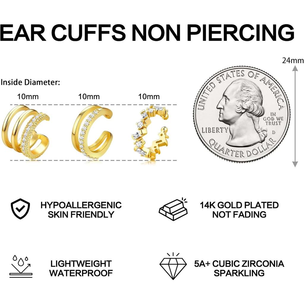 Bobisty 3PCS Ear Cuff Non-Piercing Earrings for Women Cute Clip-On Cartilage Earring 14K Gold Plated Dainty Fake Piercing Earing
