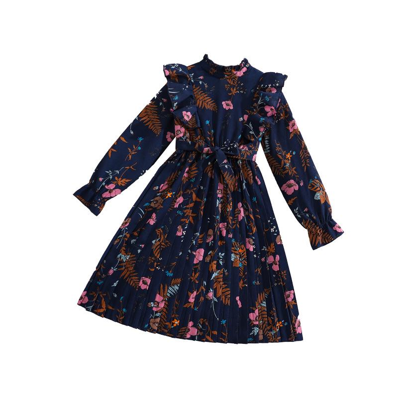 Girls' Vintage-Style Dress Spring Children's Elegant Print Long-Sleeve Ruffled Pleated Dress