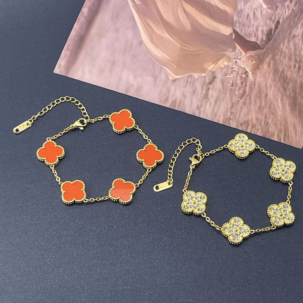 15MM One Side Full of Diamonds and The Other Side Inlaid with Shells Four-leaf Clover Bracelet Vacuum 18K Ladies Bracelet