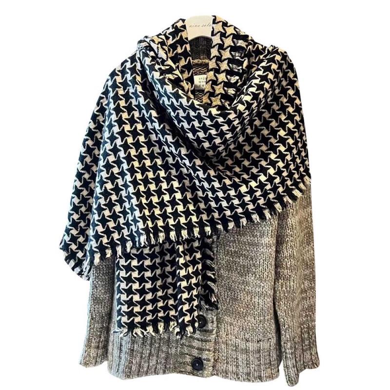NINA SOLOR 100% Cashmere Double-Sided Houndstooth Scarf Shawl