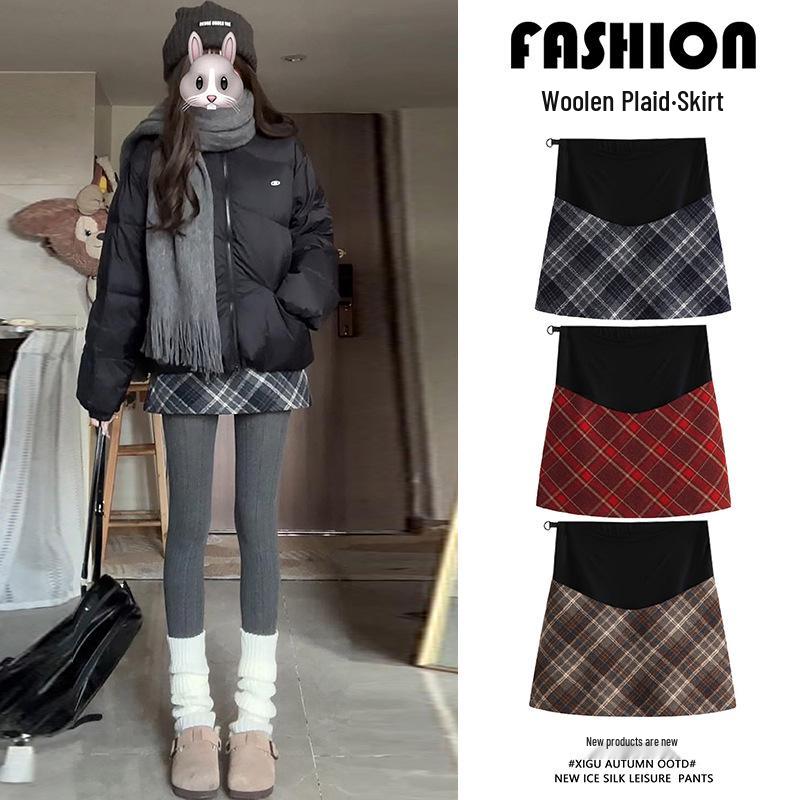 

Maternity Grey Plaid Woolen A-Line Skirt - Autumn/Winter 2025 Slimming Hip-Hugging Style Extra Large