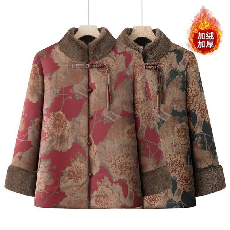Middle-aged and Elderly Padded Jacket with Velvet Winter Clothing Thickened Padded Jacket Warm Padded Jacket Women