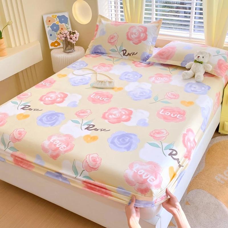

3Pcs Pink Floral Fitted Sheet Set Rose Pattern Elastic Mattress Cover Skin-friendly Comfortable Non-slip Bed Cover Bedding Set 120x200x25cm 3Pcs