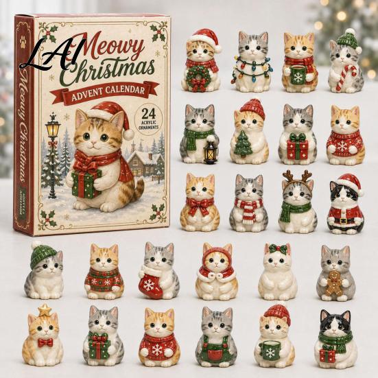 Holiday Decoration for Kids Christmas Cat Advent Calendar 24 Day Countdown with Cute Ornaments Gifts Children 2D Acrylic Kitty Decorations,