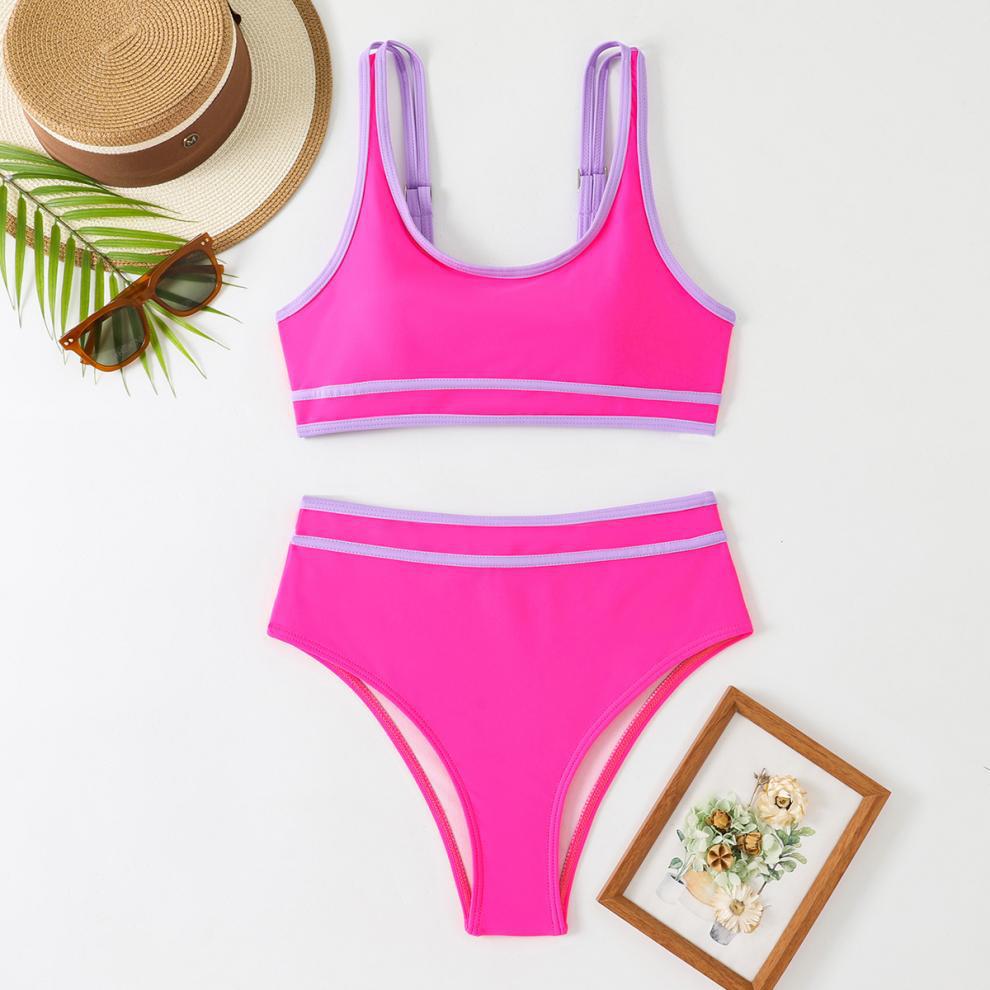 Vintage Hot Pink Patchwork Bikini Set Women Summer Push Up Bra High Waist Swimsuit 2025 Beach Bathing Suit Two Piece Swimwear