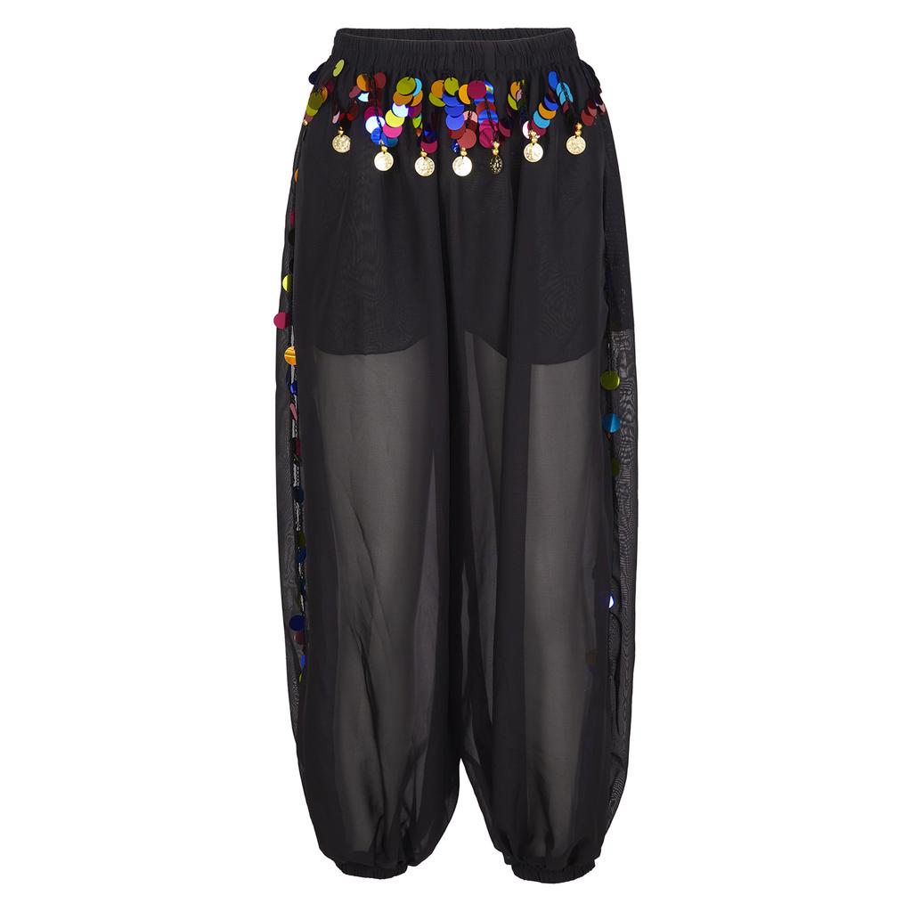 Damen Bauchtanz Kostüm Pailletten Bloomers Seitenschlitz Design Halb Transparent Locker Hose Performance Kleidung