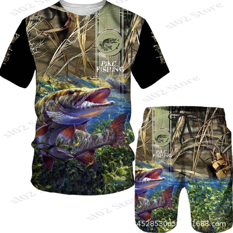 New Men's Short Sleeve Shorts Set Fashion 3D Digital Fish Printing Men's Beach Casual Set