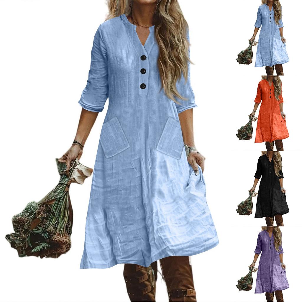 Women's Fashionable Cotton And Linen Button Solid-color Half-sleeved Loose Pocket Dress