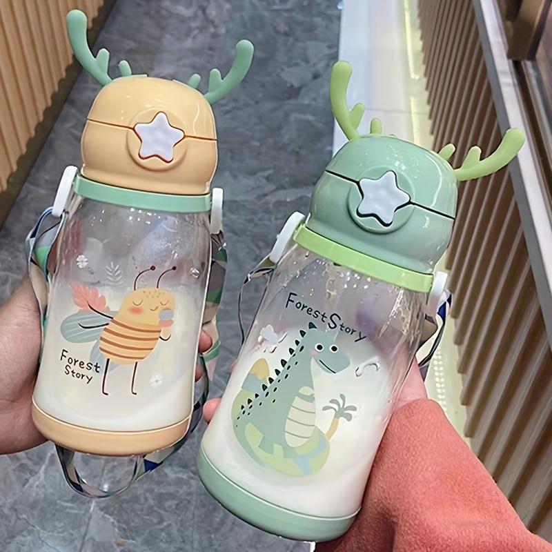1pc 600ml Antler Water Sippy Cup Portable Kid Creative Cartoon With Straw Leakproof Water Bottle Outdoor School Child Drinkware