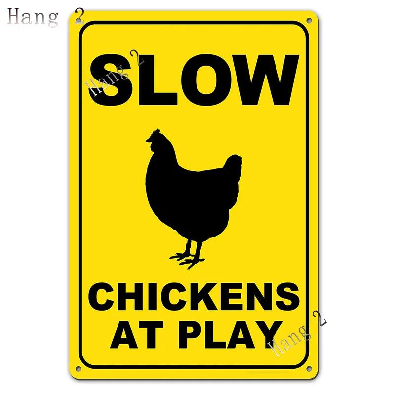 Funny Chicken Coop Sign Slow Chickens At Play Caution Vintage Chicken Warning Tin Signs for Farmhouse Gate Fence Wall 8x12 Inch