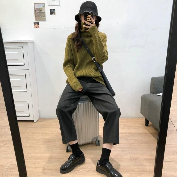 Autumn and Winter Turtleneck Thickened Pit Sweater Women's Large Size Loose Lazy Style Retro Thin Knitted Bottoming Shirt Women