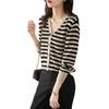 Frühling und Herbst Damen Casual Loose Strickjacke Sanfter Wind V-Ausschnitt Gestreifte Langarm Dünne Jacke