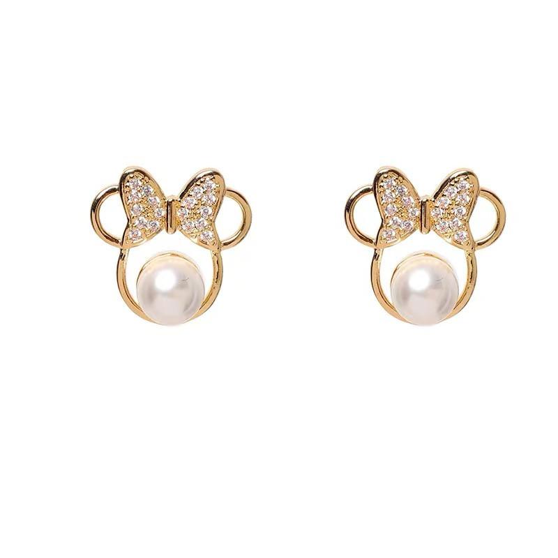 Hot Selling Bowknot Mickey Head S925 Silver Needle Stud Earrings Small Pearl Cute Little Fragrant Mouse Rhinestones Earrings fashion
