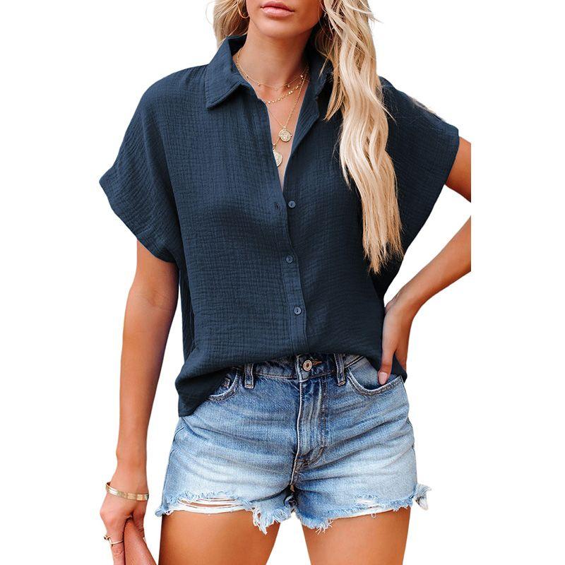 

Summer New Arrival Stand Collar Short Sleeve Shirt Women Fashion Style Fashionable All-Matching Cardigan Single Breasted Three Quarter Sleeve Tops Dark blue 105 2 Size XL Fit (87.50 kg-95.00 kg