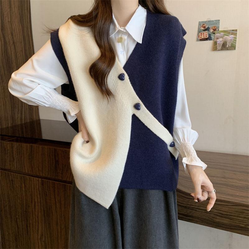 Vår og høst Kontrastfarge Strikket Genser Vest for Dame Design Uregelmessig Løs og Slank Ermeløs Strikket Vest Dame