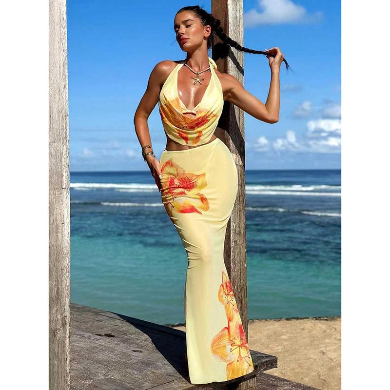 New Flower Print Bikini Set Women's High Waist Long Skirt 3 Piece Swimsuit Sexy Mini Triangle Backless Thong Bathing Suit