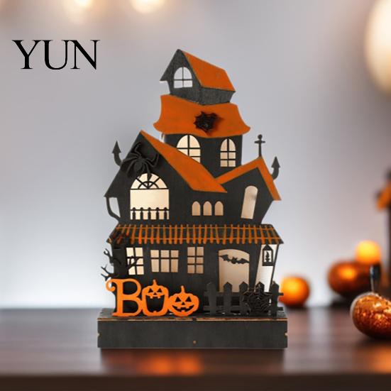Black Orange Festive Home Accents Wooden Glowing Haunted House Figurine with LED Light, Halloween Tabletop Centerpiece Seasonal Holiday Party