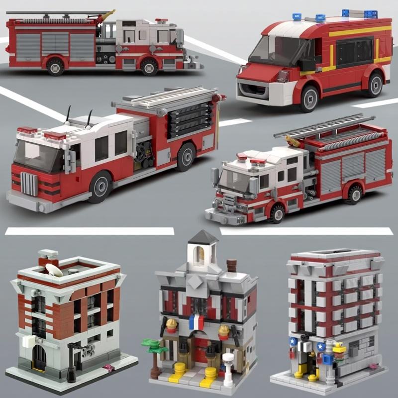 Urban Miniature Street View Fire Station MOC Building Blocks Set Small Fire Pump Truck Model Kids Puzzle Toy Boy's Birthday Gift
