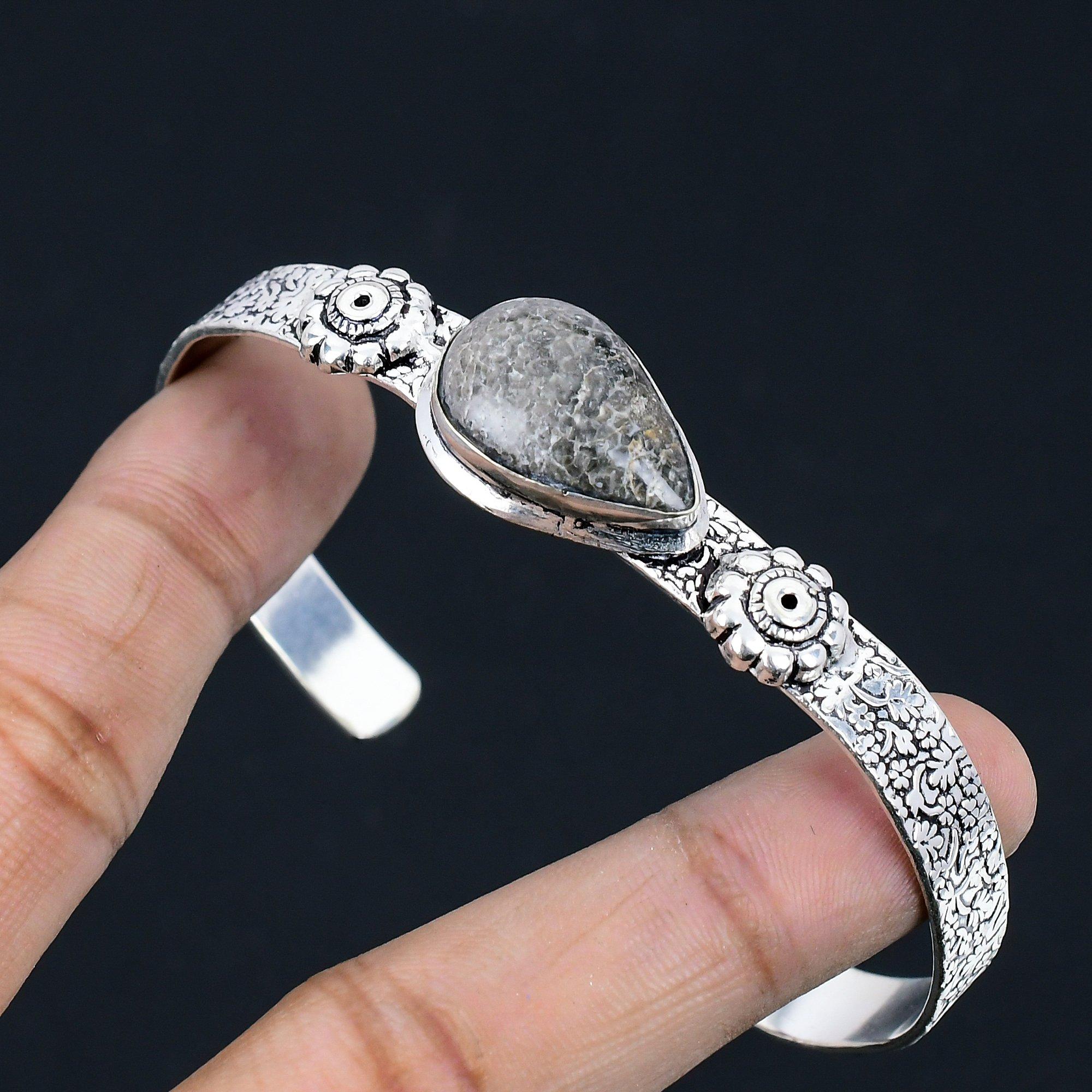 

Root Chakra Pear Stingray Coral Stone Wife New Bangle Bracelet Sterling Silver Adjustable