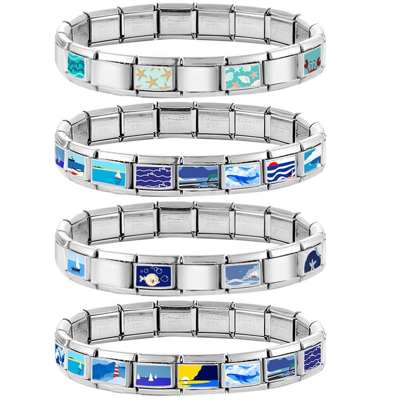 Fashion Blue Series Seaside Scenery Seawave Sailing Italian Charm Links Fit 9mm Stainless Steel Bracelet Jewelry DIY Making