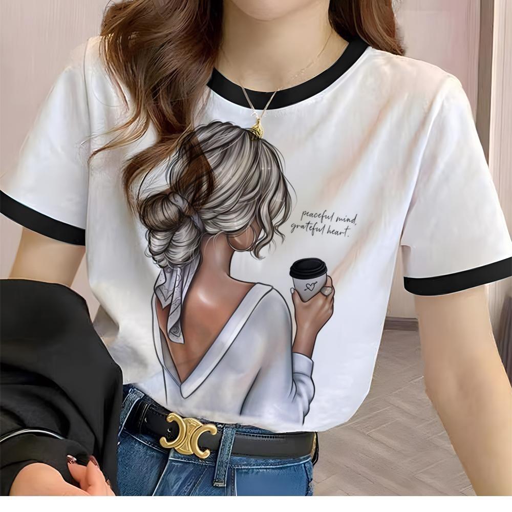 

Coffee Girl Top Women s Street Wear White T-shirt with Printed T-shirt Couple s Wear 6XL