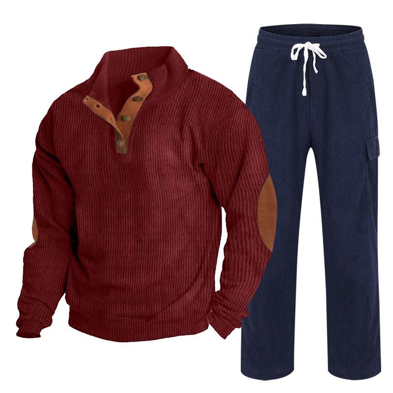 Herren Herbst/Winter Neuankömmling Sportbekleidung Zweiteiliges Set Cord Knopfleiste Henley Oberteil und Straight-Leg Hose Lässiges Ensemble
