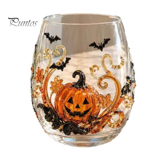 Bicchieri da festa di Halloween, Bicchieri in vetro con rilievo di zucca, fantasma, gatto, pipistrello, Bicchieri da bevande senza stelo spettrali, Bicchieri stagionali per