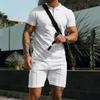 Men's short-sleeved shorts casual suit summer waffle Solid color casual loose lapel T-shirt set