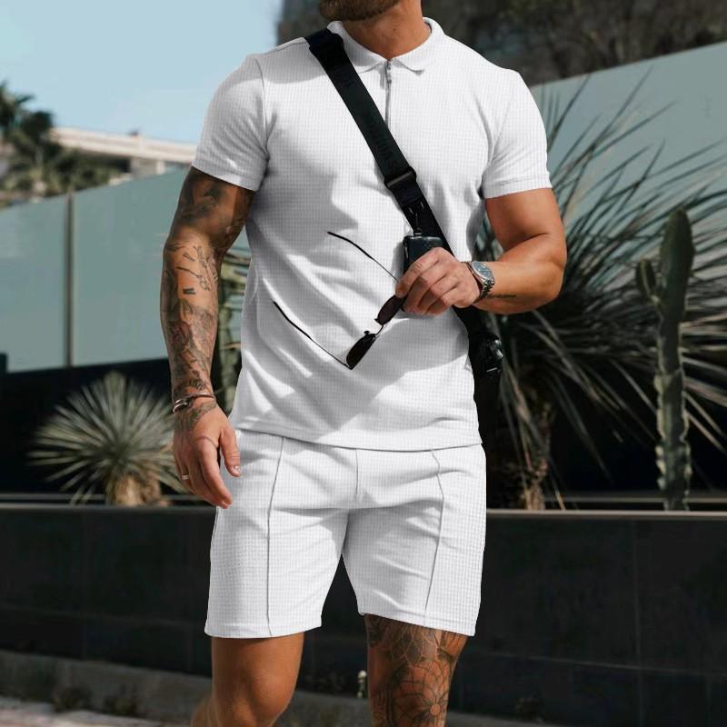 Men's short-sleeved shorts casual suit summer waffle Solid color casual loose lapel T-shirt set