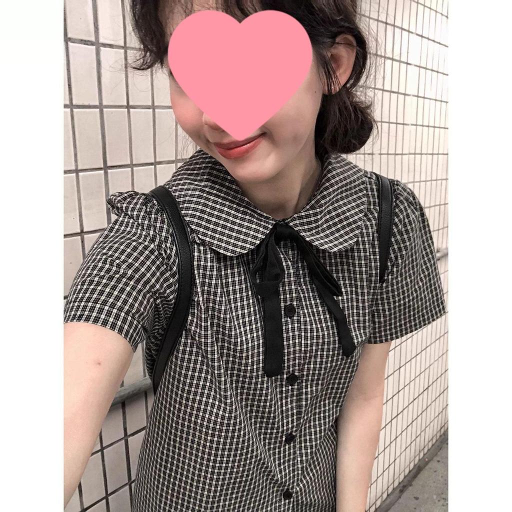 Women's Japanese Academy Plaid Shirt with Doll Collar - Summer Petite Versatile Top