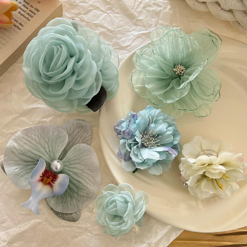 Green Themed Flower Hair Claw Clip Side Bangs Hair Clip Mesh Fake Flower Atmosphere Hairpin Seaside Vacation Hair Accessories
