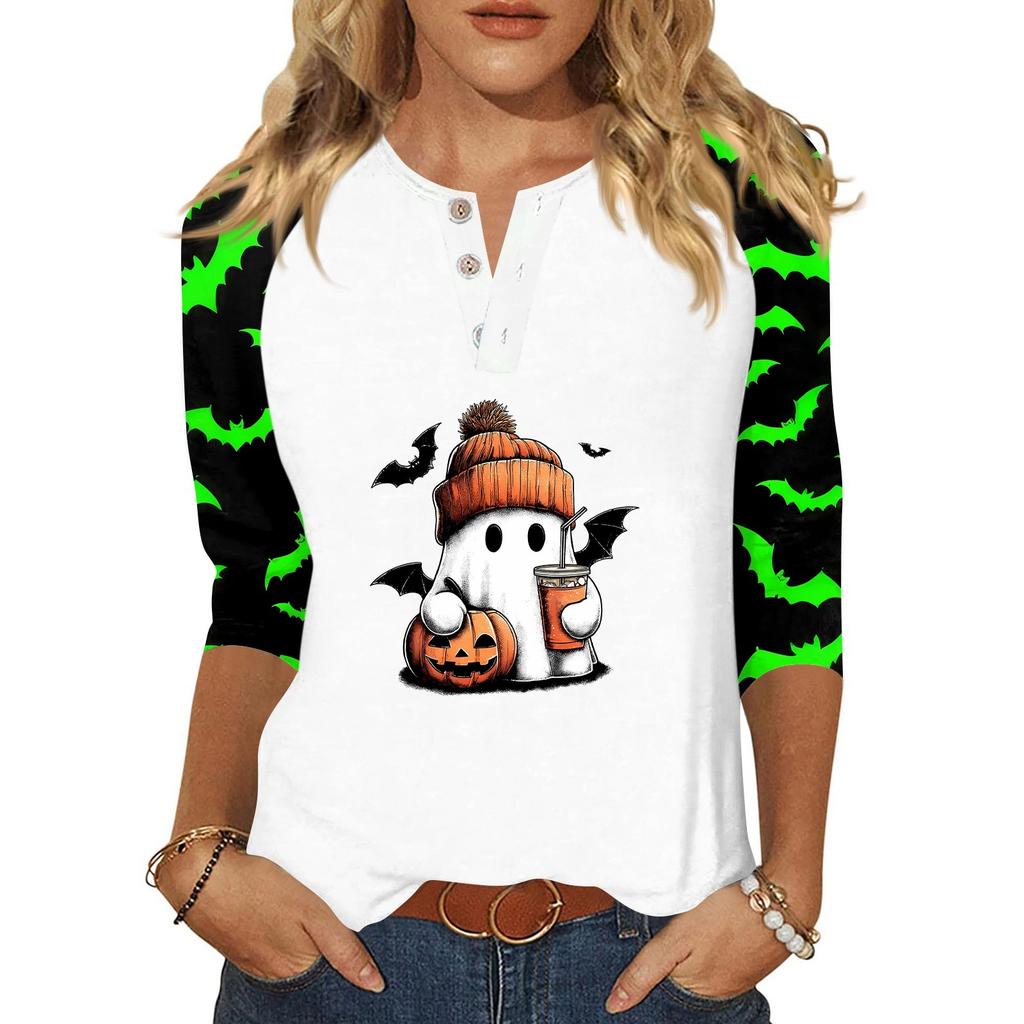 Dames T-shirt Halloween Print Knopen 3/4 Mouw Dagelijks Weekend Mode Basic V-Hals Normaal Topje