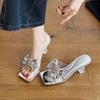2025 New Women's Water Diamond Flower Sandals with Transparent Thick Bottom Party Dress Slippers Mules High Heels