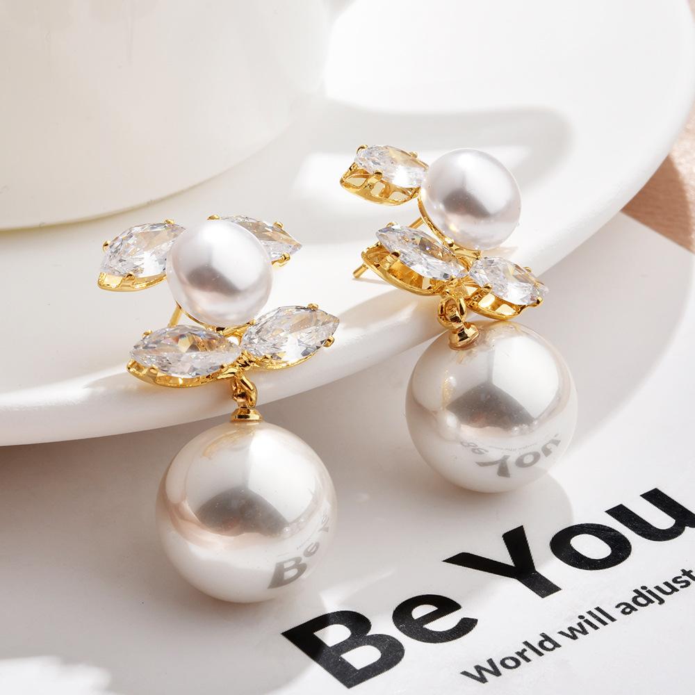 

French Pearl Drop Earrings, C-Brand Inspired Elegant Letter Zircon Jewelry
