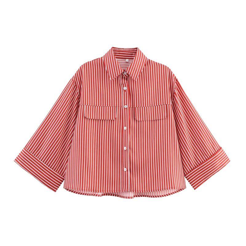 Kaslead New Women clothes Western Style Fashion Linen Blend Stripe Shirts 2224666