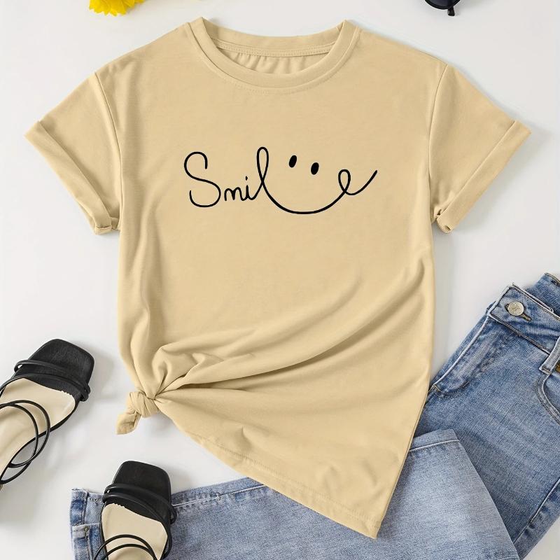 T-Shirt mit Buchstabenaufdruck und Rundhalsausschnitt, lässiges Kurzarm-Oberteil für Frühling & Sommer, Damenbekleidung