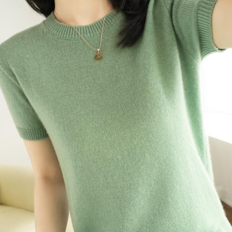Women's Spring and Summer Short-sleeved Women O-neck Slim Pullover Vest T-shirt Knitted Base Sweater