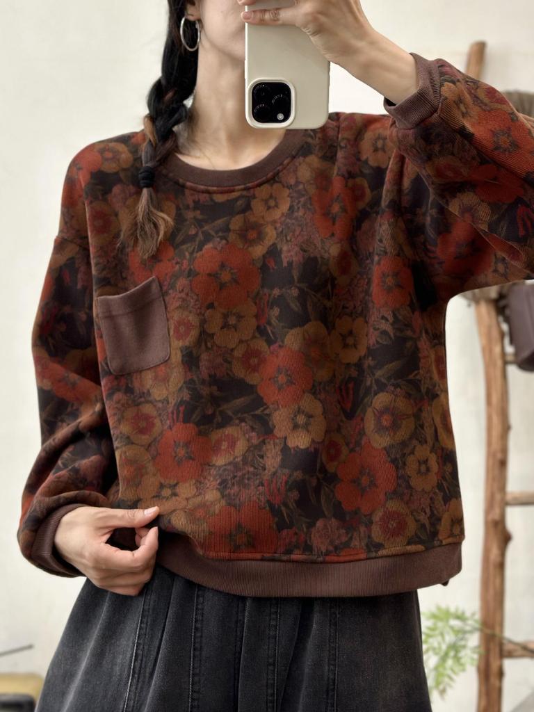 Winter Arrival Women's Retro Print Velvet Slimming Hoodie - Round Neck Pullover Casual Top