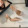 Brand Designer Silver High Heels Sandals Women 2025 Summer Crystal Square Buckle Sandals Woman Pointed Toe Slingbacks Party Shoe