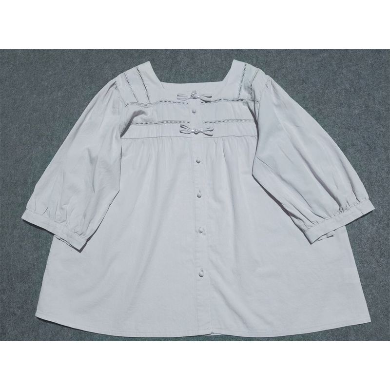 

Повседневный заказ Вырез Пышные рукава Рубашка с короткими рукавами Женская 2025 Лето Новое поступление Квадратный воротник Ажурная большого размера Чистый хлопок Рубашка с завышенной талией Violet All yards