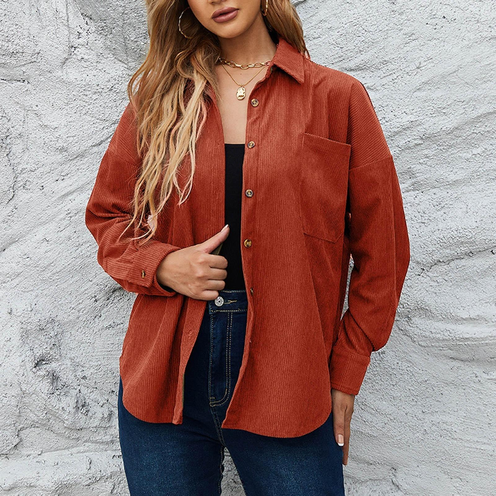 

Женская мода повседневная вельветовая свободная куртка пальто однотонная рубашка M красный