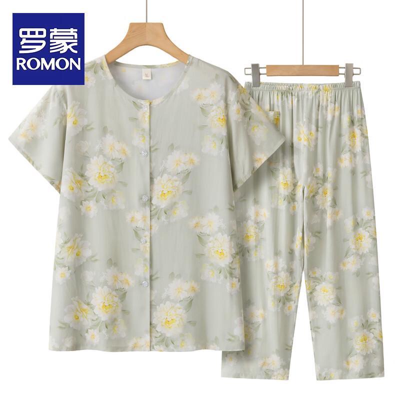 ROMON Mid-Aged Women s Summer Short-Sleeve Shirt & Pants Set 4XL