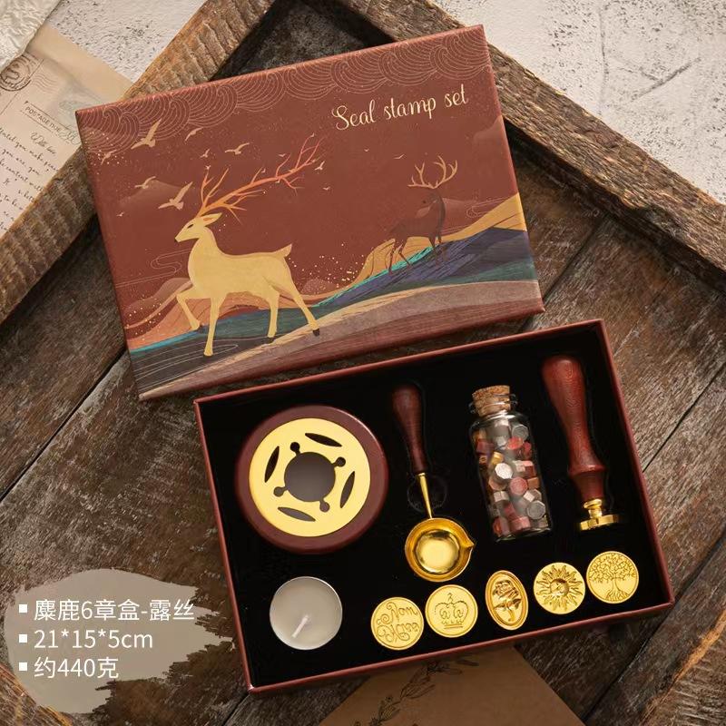 Wax Seal Stamp Kit Vintage Reindeer Gift Box Wax Furnace Seal Round Wax Set Wooden Handle Wax Seal Kit