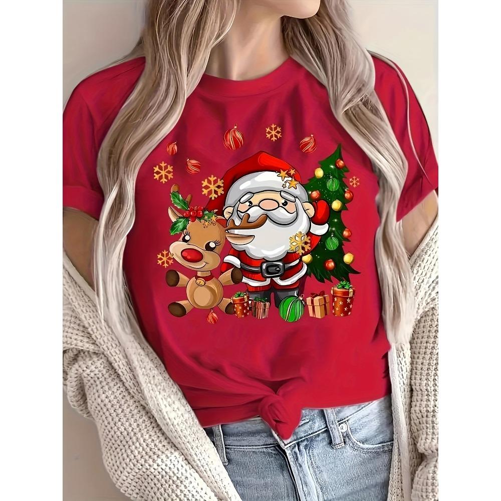 Christmas Santa and Reindeer Print Crew Neck T-Shirt Harajuku Sleeve Women's T-shirt Clothing Street Tops Tees Aesthetic Clothes