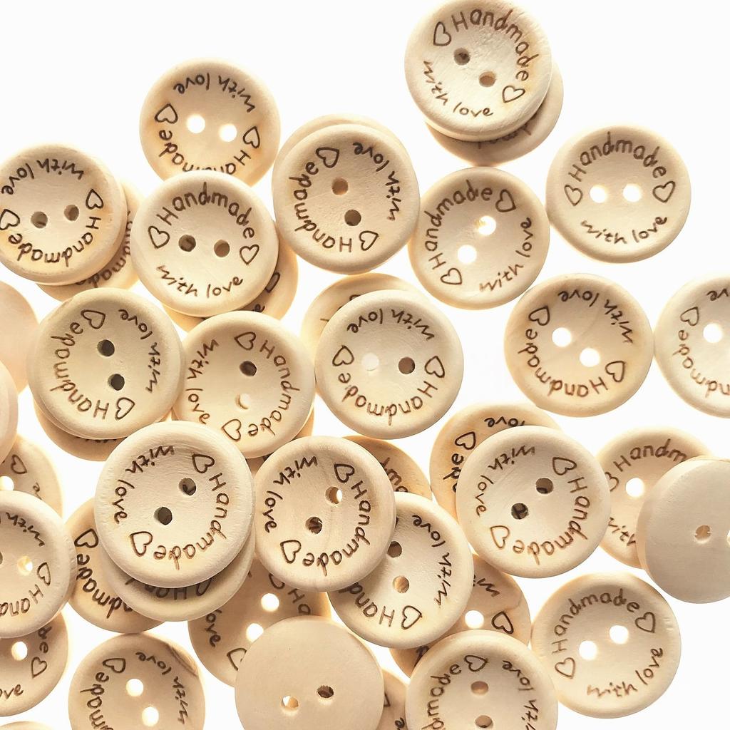 50Pcs 20MM Wooden Handmade Buttons Assorted Wooden Sewing Buttons Wood Handmade with Love Round Craft Decor