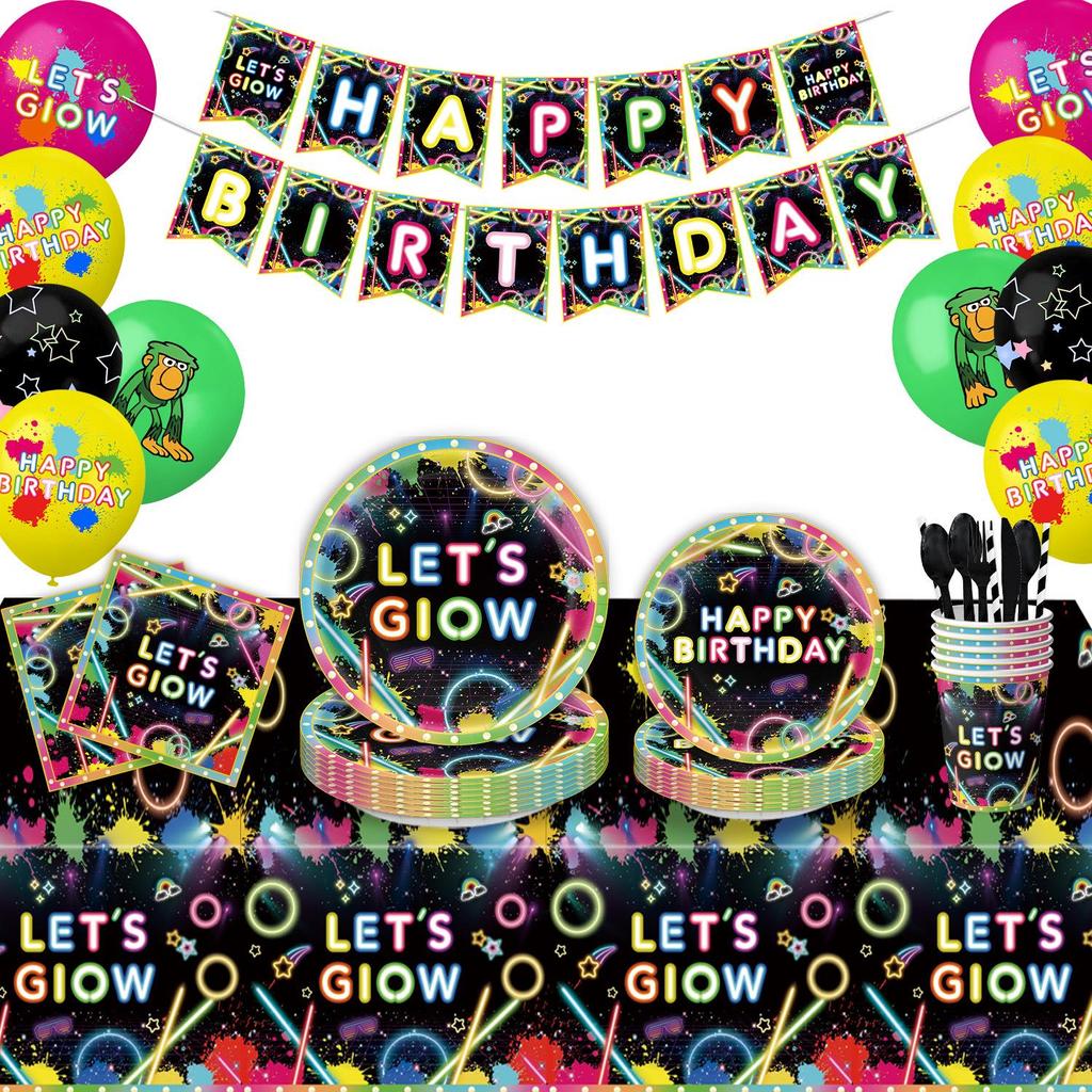 Set per Festa Graffiti al Neon: Piatti, Bicchieri, Tovaglia, Bandierine e Striscioni Monouso per Feste di Compleanno.