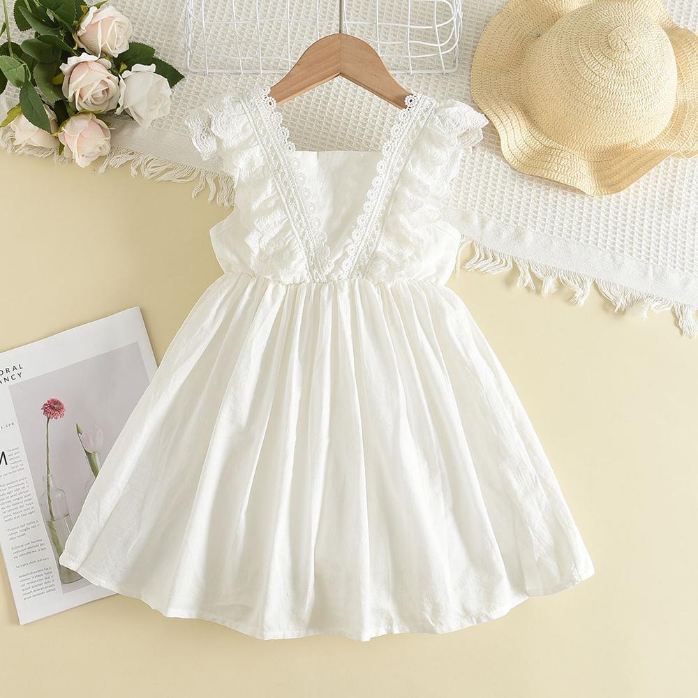 Barn Jenter Hvit bomull Tynn Kjole Sommer Blonder Prinsesse V-hals Kjoler Barn Baby Bryllupsfest Vestidos