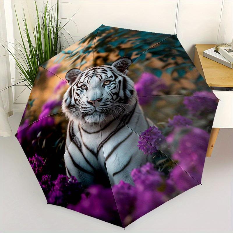 

1pc Automatic Open/Close Umbrella with Retractable Closure - Lightweight Travel Umbrella, Elegant Tiger & Floral design (White (as the picture,Iron&8K)