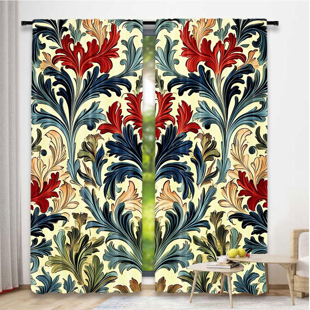 Set Of 2 Boho Style Red Flower Retro Curtain Original Design Abstract Shading Suitable Kitchen Bedroom Living Polyester Ideal For